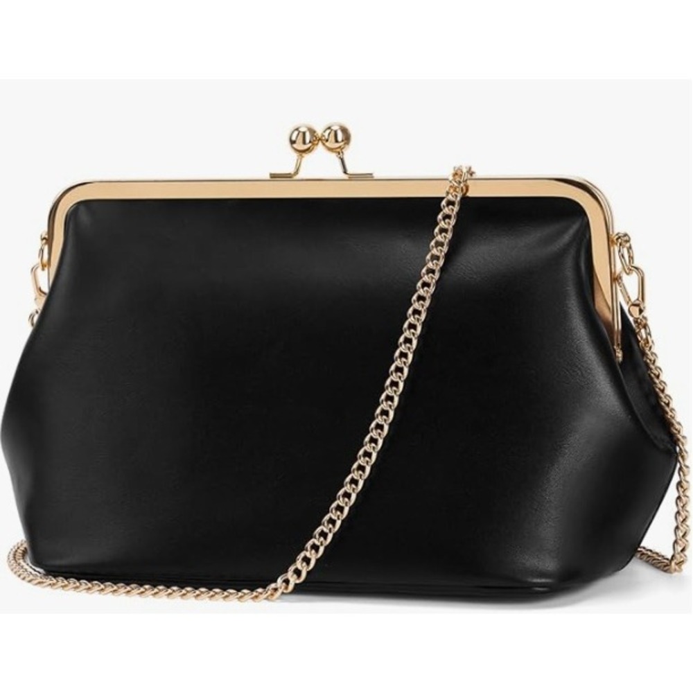 Bonnivenna Black Faux Leather Oversized Frame Clutch Gold Kiss Lock Handbag NEW